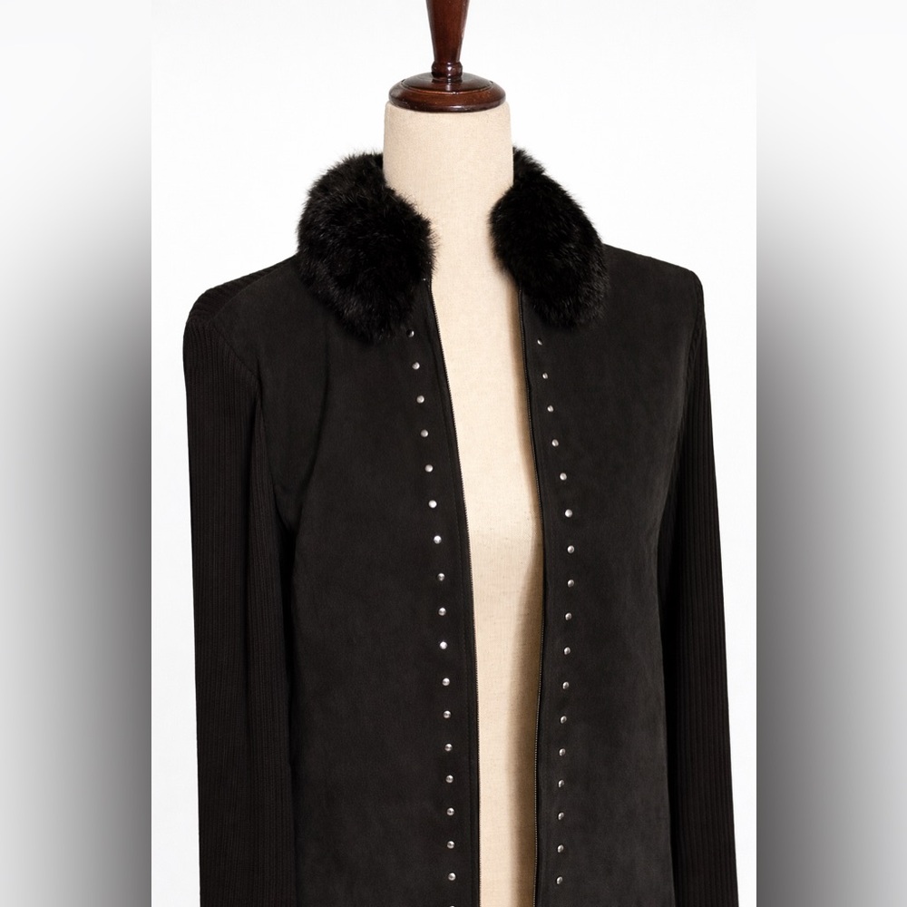 Vintage leather, knit and faux fur cardigan with studs. S - Picture 2 of 3